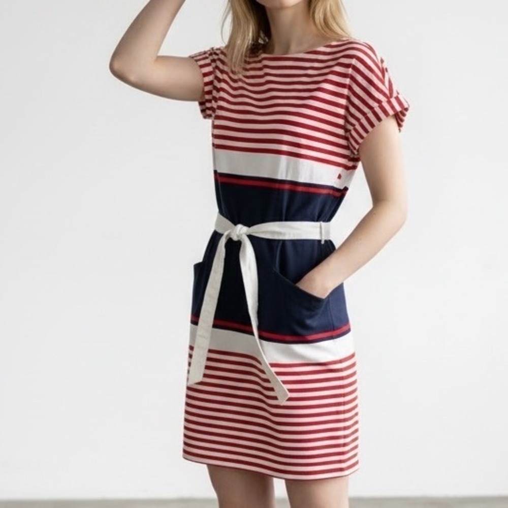 Tommy Hilfiger Women Striped Nautical Sheath Dress Navy Red White Belted Size 10